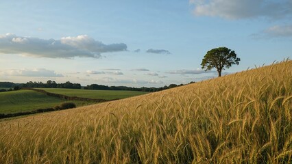 Evening sunlight bathes a sloping barley field in gold, while a green field with a hedge stretches out under a sky dotted with clouds.