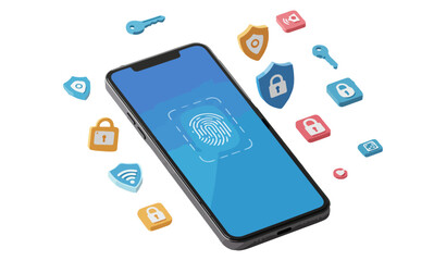 Smartphone with fingerprint scanner surrounded by security icons and keys mobile phone
