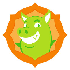 Mischievous Cartoon Pig in Orange-Lime with Playful Badge Shape