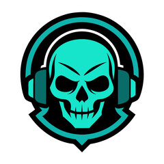 Neon Skull Gamer with Headset and Cyan Glow in Compact Vector Emblem