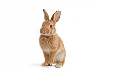 Obraz premium Charming little brown rabbit posing on two legs against a white background.