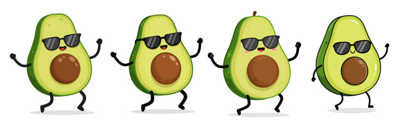 Four cartoon avocados wearing sunglasses dancing and jumping with joy fruit food