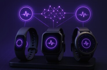 Three Smartwatches Connected by Glowing Health Network Graph with Pulse Icons on Charging Dock in Futuristic Purple Light