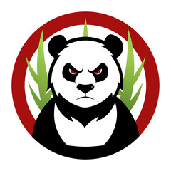 Aggressive Panda in Circular Badge with Bamboo Elements in Modern Design
