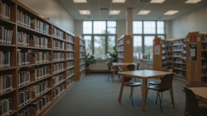 Fototapeta premium Softly blurred interior of a public reading area showcasing book-lined shelves, tables, chairs, and daylight from large windows. Selective focus effect. Suitable as a photo background.