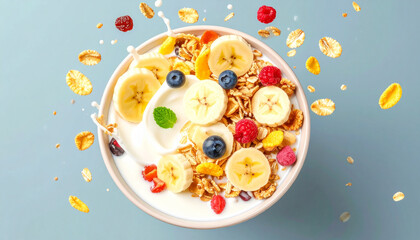 Breakfast cereal with banana, blueberry, raspberry, oat flakes, and milk splash on blue background, fresh and healthy morning meal with vibrant colors and natural ingredients