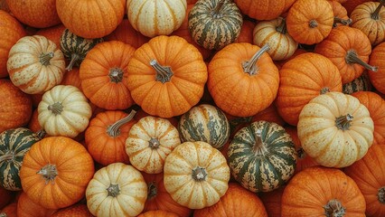 An array of pumpkins in vivid colors with multiple sizes and shapes, suited for seasonal decor, harvest-inspired meals, and celebration themes