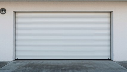 Modern Building Entrance Equipped with Automatic Rolling and Lifting Doors, White Shutters, and Garage Gates