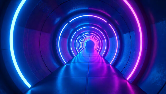octagonal tunnel, neon lighting, glowing lines, futuristic sci-fi atmosphere, abstract architecture, dramatic lighting, vivid colors, digital art, 4K image