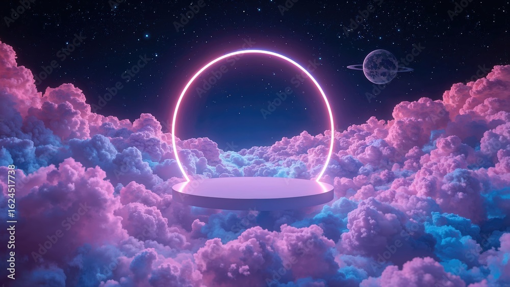 Wall mural an illuminated ring of vibrant neon lines envelops a suspended empty platform in the air.