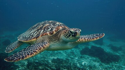 Obraz premium Marine turtles are timeless, elegant reptiles recognized for their colorful shells and extensive travels across oceans.