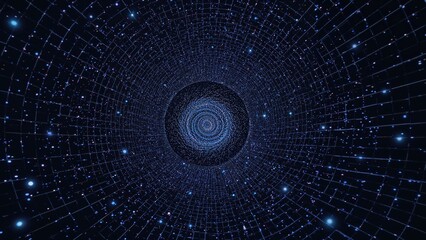 Endless digital vortex with geometric wireframe design. Futuristic black spiral tunnel with dynamic particles. Abstract fractal tunnel featuring dots and lines in 3D. Infinite 3D wormhole simulation