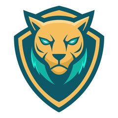 Golden Panther Head with Teal Eyes in Symmetrical Shield Vector Format