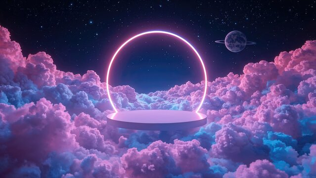 An illuminated ring of vibrant neon lines envelops a suspended empty platform in the air. - Powered by Adobe