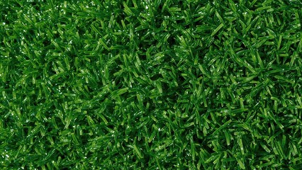 Detailed shot of lush green fake grass with a delicate water layer, producing a glistening effect under illumination.