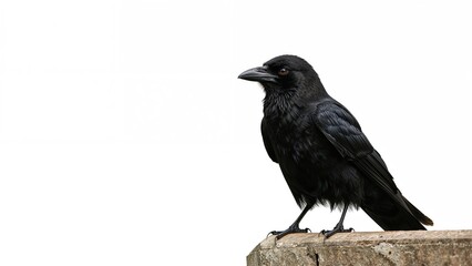 Obraz premium Dark crow perched in a lush garden, calling out against a white backdrop, summer vibes, isolated scene, nature, spooky, tree, woods, white, garden, greenery