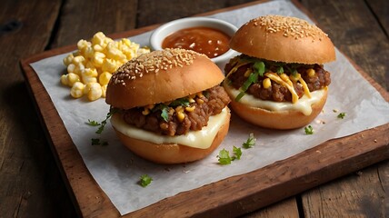 Close up shot of two sliders with popcorn and dipping sauce on a wooden serving board surface