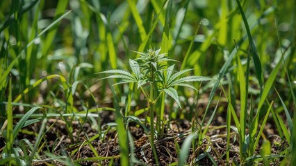 Obraz premium Cannabis plants at the vegetative stage thriving in natural sunlit soil, highlighting medical marijuana indoor growing exceptions.
