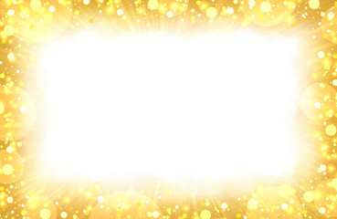 Elegant gold glitter frame in yellow smoke with bokeh light effect and sparkling stars.