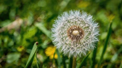 Fototapeta premium Detailed view of a flowering blowball surrounded by lush greenery on a sunny day.