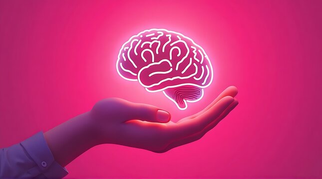 Neon Brain in Hand: Pink Abstract 3D Render of Mind Power and Potential