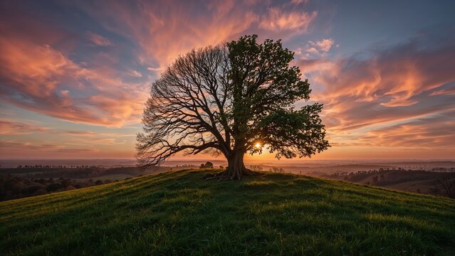 A tree with half its foliage gone stands on a hillside under a red and blue evening sky