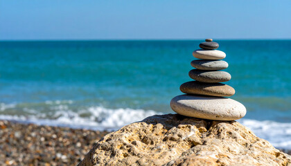 Stacked smooth stones balanced on rocky beach with turquoise ocean waves and clear blue sky in background creating peaceful and calming scene