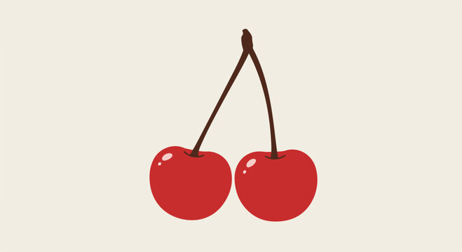 Two ripe red cherries hanging with cream background, for food designs