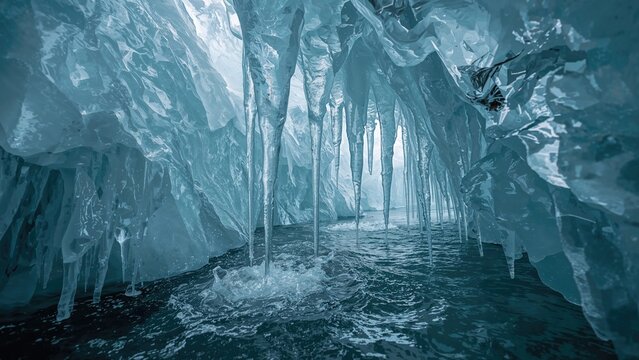 Scenic views within a frozen cascade revealing a stunning ice cave, complete with flowing water and detailed ice formations of stalactites and stalagmites.