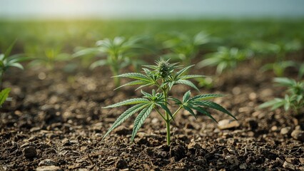 Small cannabis plants in the growth phase planted outdoors in sunlight, accompanied by a beautiful setting, except for indoor medical cannabis farming