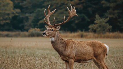 Obraz premium Nature's autumn customs. A proud red deer stag with majestic antlers prepares for mating on a forest meadow.