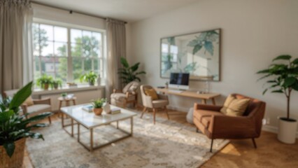 Out-of-focus image of a chic study area illuminated by daylight, featuring snug furniture and a cozy vibe perfect for both productivity and unwinding.