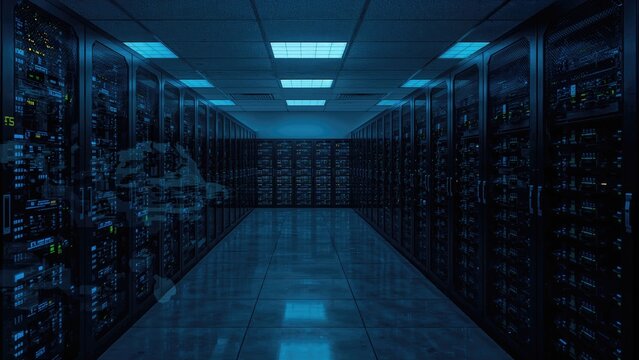 Digitally created image featuring data processing and numerical figures above a server room, embodying the essence of international science and tech connectivity.