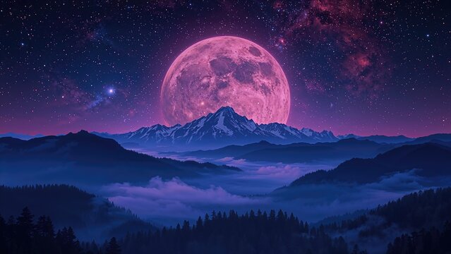Vibrant neon cosmic terrain under a moonlit sky with misty mountains and starry nebula clouds. Surreal fantasy setting showcasing horoscopic icons and silhouetted shapes.
