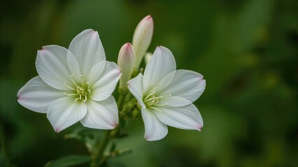 Fototapeta premium Close-up of elegant white eustoma blossoms with pink-edged petals against a blurred green backdrop