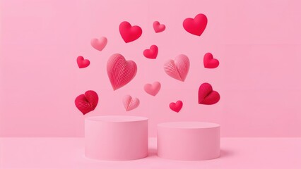 Adorable pink Valentine's Day setup featuring dual circular platforms and floating textured red and pink paper hearts, close-up view. Ideal for romantic-themed cosmetic or product advertising and
