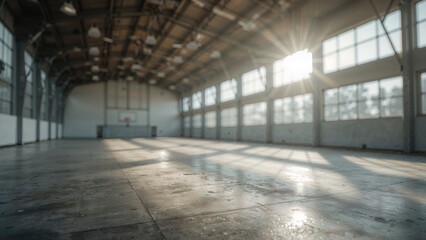 Obraz premium Softly blurred interior of a roomy sports facility featuring bright natural light from big windows and an open concrete floor. Defocused background image.