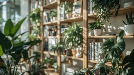 Fototapeta premium Soft-focus backdrop of a tastefully organized bookshelf with assorted books and greenery, bathed in gentle daylight, evoking a calm and welcoming atmosphere for reading.