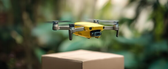 The yellow drone delivering packages in a lush green environment.