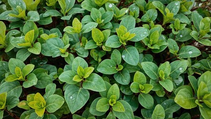 A compact cluster of cassava plants characterized by bright green, broad veined leaves and reddish stems, with some droplets of water present.