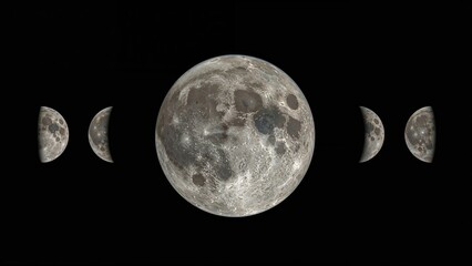 Obraz premium Illustration of the lunar phases: Waning Crescent, Third Quarter, Waning Gibbous, Full Moon, Waxing Gibbous, First Quarter, and Waxing Crescent on a black canvas.