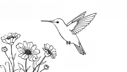 Naklejka premium Single-line hummingbird illustration with floral elements on a stark white background