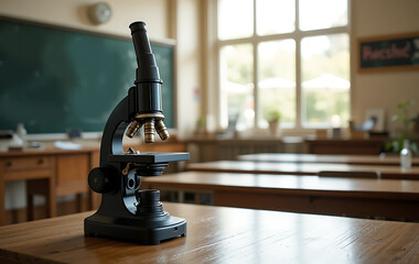 Classic Black Microscope on Wooden Desk in Classroom with Chalkboard and Chemical Formulas