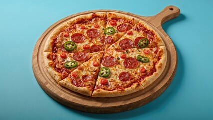 Delicious Pizza Topped with Pepperoni, Jalapeno Peppers, and Tomatoes on a Blue Background