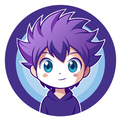 Chibi Boy with Spiky Purple Hair in Energetic Round Badge and Vector Shadows