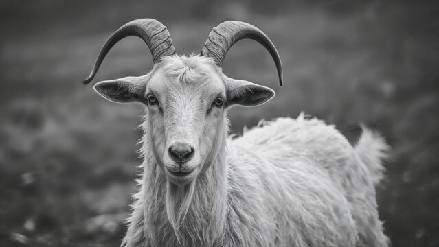 Close-up of a horned goat on a farm in monochrome with blurred backdrop and space for text