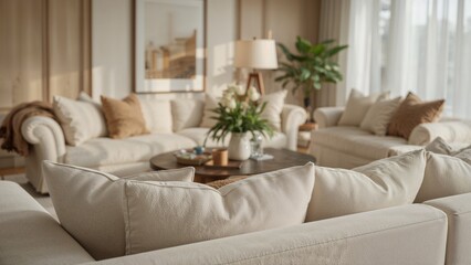 Fototapeta premium Hazy image of a luminous living space furnished with couches