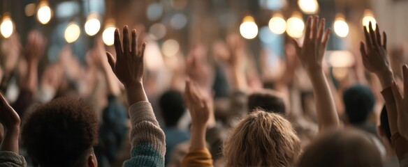 The engaged audience enthusiastically raising hands at an interactive event.