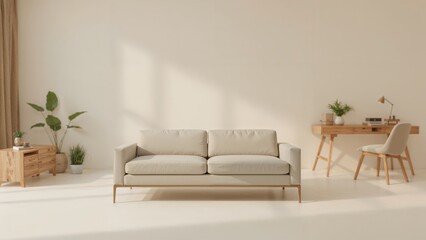 Soft-focused interior scene highlighting a sofa next to a work station