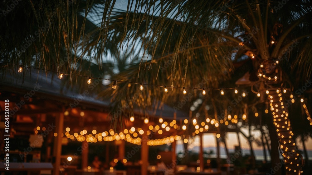 Wall mural hazy bokeh effect with palm tree outlines at twilight, showcasing yellow decorative lights in an alf